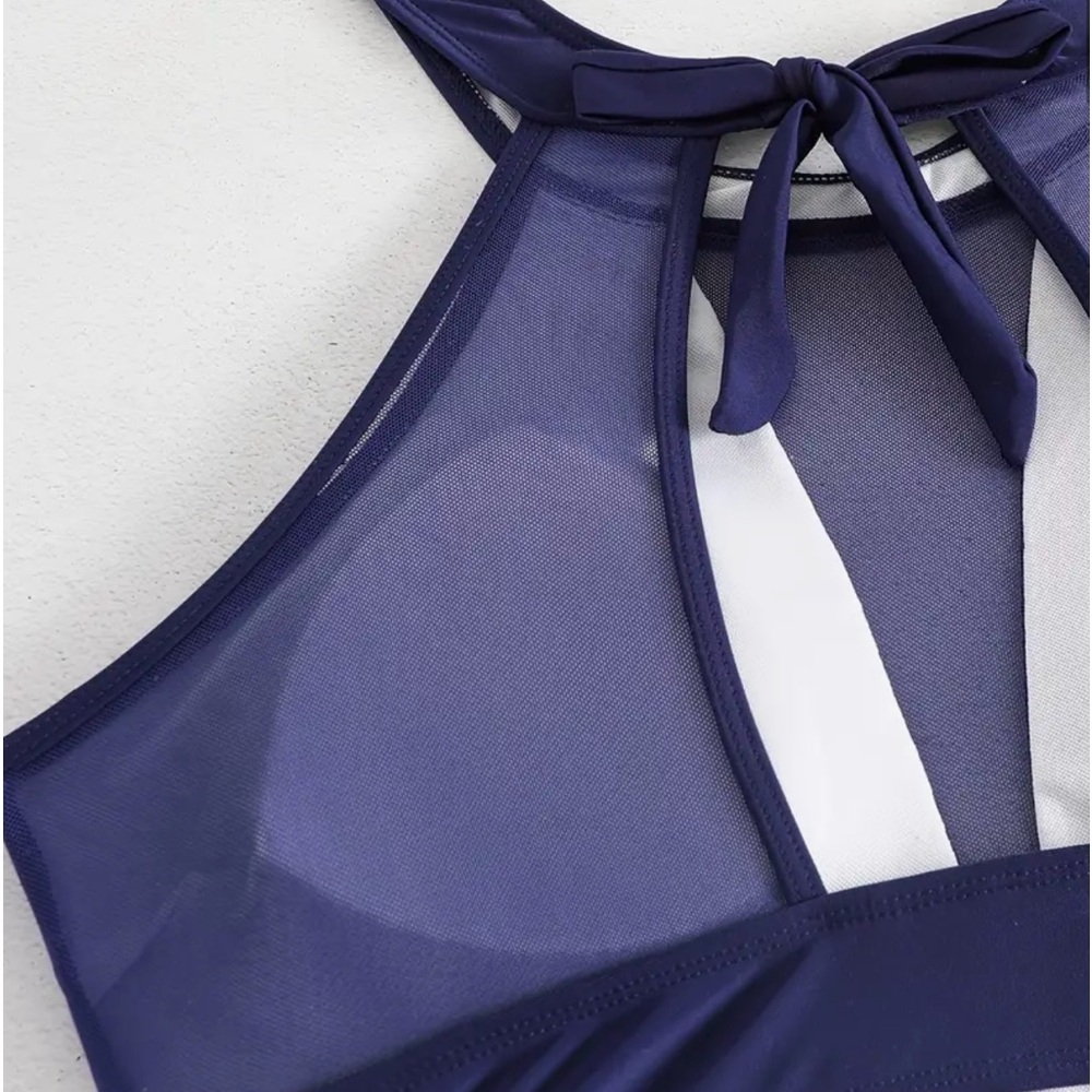 Plus Size Blue High Neck Mesh High Waist Bikini Set - Picture 6 of 8